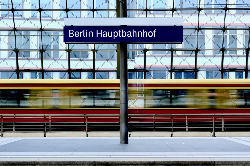 Berlin Hauptbahnhof with passing S-bahn train